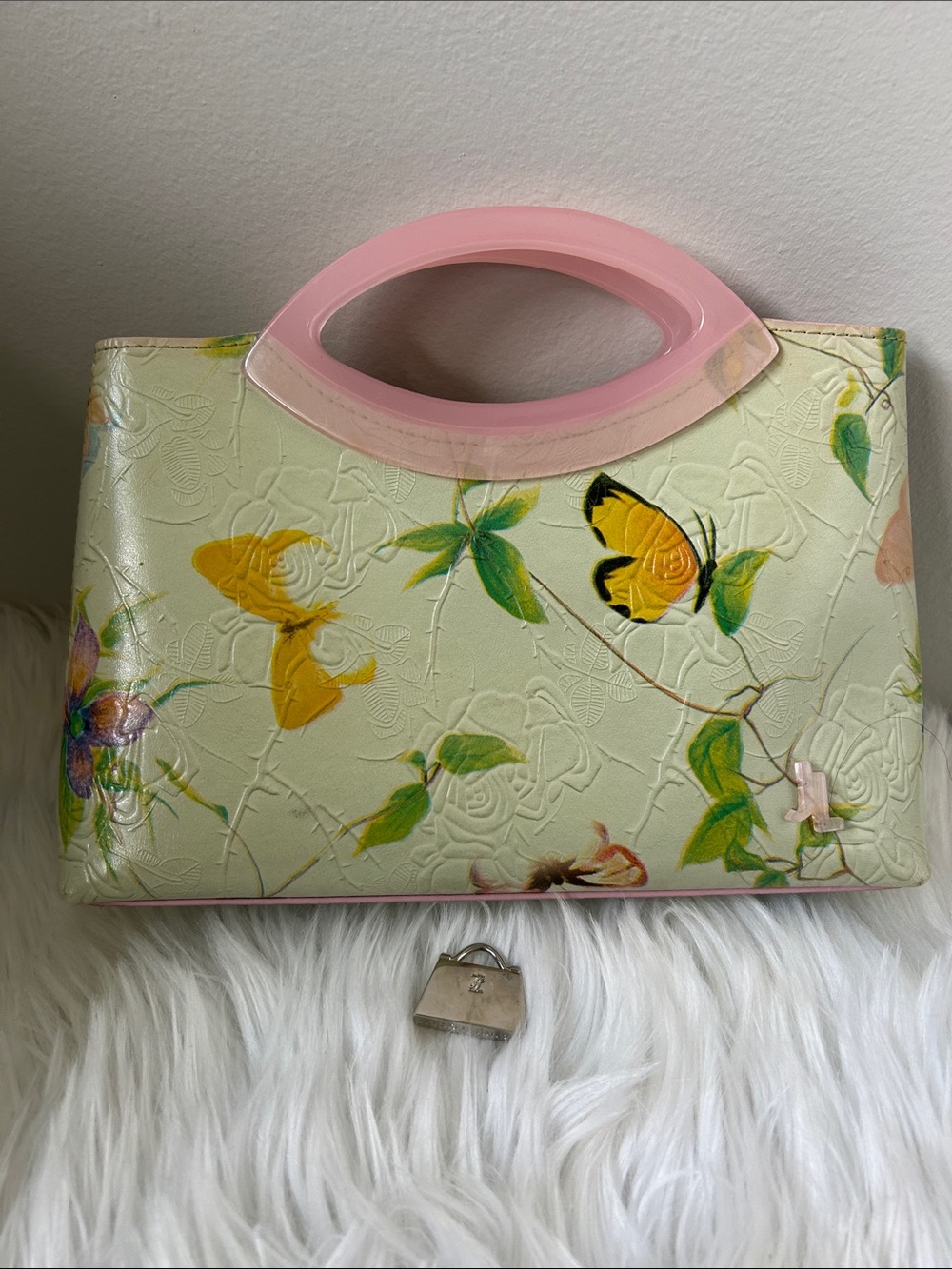 Jeanne Lottie Floral Butterfly Handbag with Pink Handle